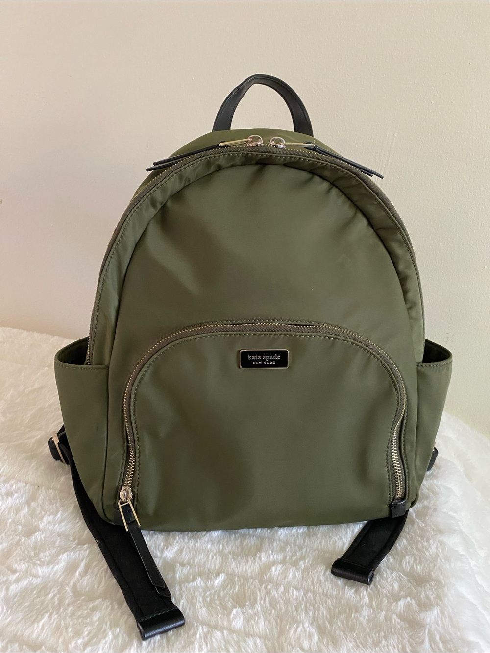 Kate Spade Dawn Nylon Medium Backpack in Olive Green w/ Black Leather Trim